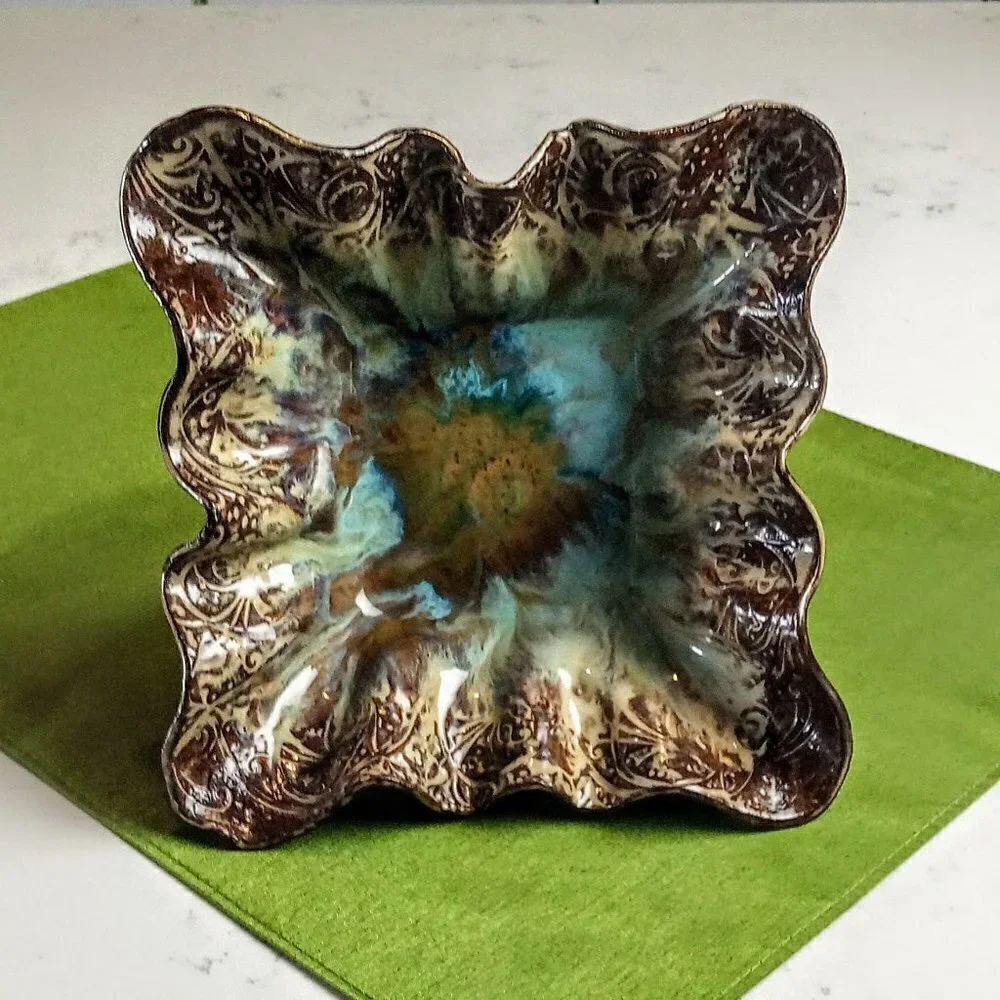 K Riel Art Pottery Glazed Square Ruffled Rim Bowl